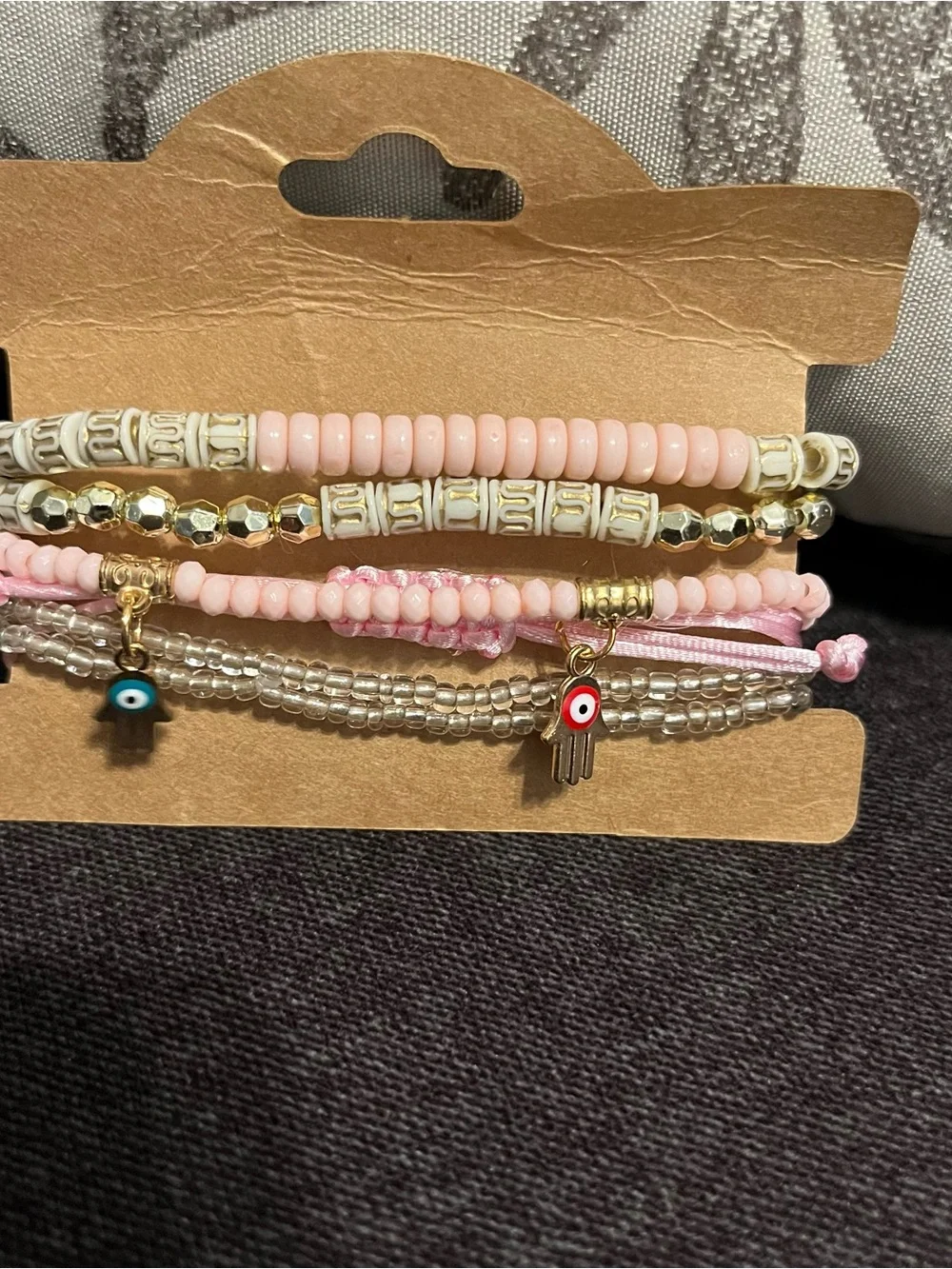 Fashion Jewelry Pink Beaded Hamsa & Evil Eye Layered Bracelet Set